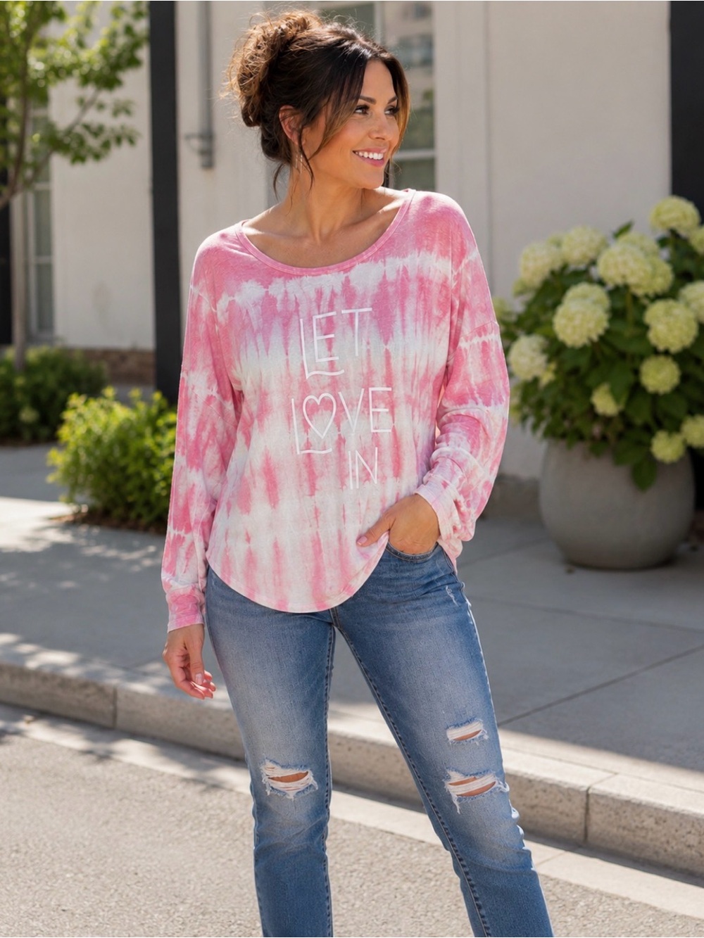 New Directions Let Love In peach/cream tie dye 3/4” sleeve top
